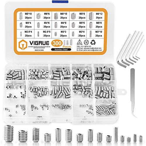 VIGRUE 300 Stück Madenschrauben Set, M2.5 M3 M4 M5 M6 M8 Innensechskant Gewindestifte mit Schraubenschlüssel von VIGRUE