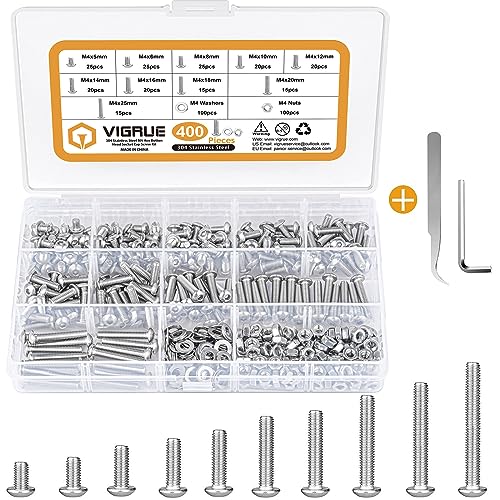 VIGRUE 400PCS M4 Schrauben Set,Rostfreier Edelstahl 304 Schrauben und Muttern Unterlegscheiben Set Rund-Knopfkopf Linsenkopf Innensechskant Schrauben mit Schraubenschlüssel Gewindeschrauben von VIGRUE