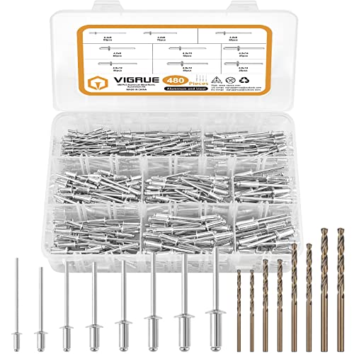 VIGRUE 480tlg Blindnieten Set und 8 HSS Bohrern, Alu/Stahl Nieten Popnieten Sortiment 2,4mm, 3,2mm, 4,0mm und 4,8mm popnieten zum Verbinden aller Arten von Dünnen Werkstoffen für Nieten Maschinen von VIGRUE