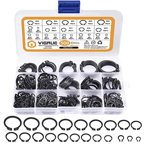 VIGRUE 500tlg Sprengring Sortiment Sicherungsring Set 21 Größe Kohlenstoffstahl E-Clip Externe Haltering Externes C-Clips Geteilte Schnallen Innen-Seegering Unterlegscheiben, M4-M28 mit Kunststoffbox von VIGRUE