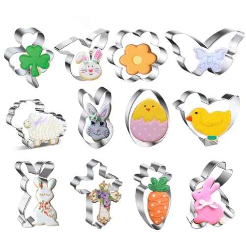 VIKY® Ausstecher Ostern Kinder,12 Stk Edelstahl Ausstechformen Ostern Set,Osterhase Keksausstecher,Ei Hase Schmetterling Plätzchenausstecher,DIY Kreativität Cookie Cutter,Ostern Kinder Backen Zubehör von VIKY