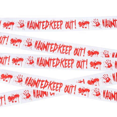 VIKY® Halloween Absperrband, 2 Stück Warnband Flatterband Rot Weiß, Gruselig Band Halloween Deko Outdoor, Halloween Dekoration Reißfest Warnband "HUANTED KEEP OUT", Halloween Party Deko Horror von VIKY