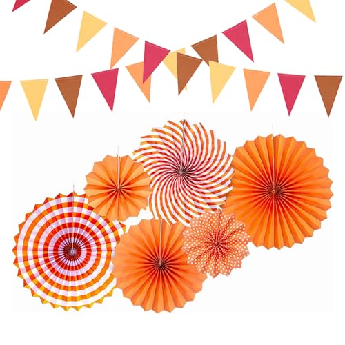 VIKY® Orange Party Deko Papierfächer, Herbstdeko Hängende Papierfächer Deko Set, Orange Papier Fans Fächer, Orange Wimpelkette Banner Papierblumen für Geburtstagsdeko, Herbst Dekoration von VIKY