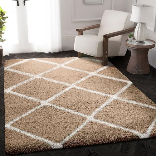 VIMODA Hochflor Shaggy Teppich Rauten Design Creme Beige Modern, Maße:140x200 cm von VIMODA