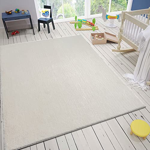 VIMODA Kinderzimmer Teppich Waschbarer Rutschfester Kinderteppich Junge Mädchen Baby Weiche Einfarbige Muster, Farbe:Creme, Maße:Ø 120 cm Rund von VIMODA