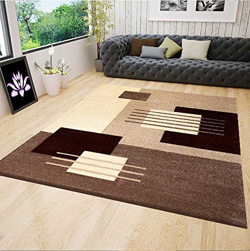 VIMODA Designer Teppich Kurzflor dichter Flor Wohnzimmer Braun Beige Kachel Linien mit Konturenschnitt, Maße:80 x 150 cm von VIMODA