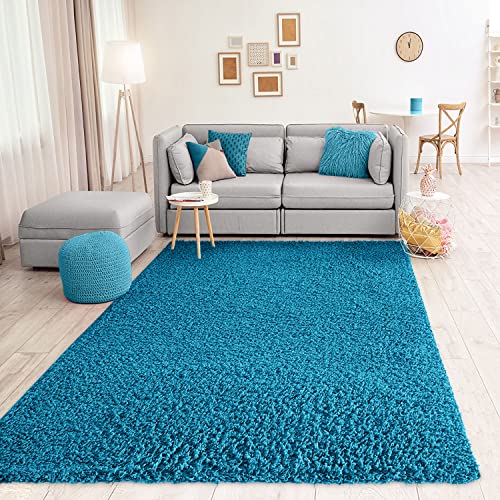 VIMODA Teppich Prime Shaggy Hochflor Langflor Einfarbig Modern Türkis für Wohnzimmer, Schlafzimmer, küche, Maße:Ø 160 cm Rund von VIMODA