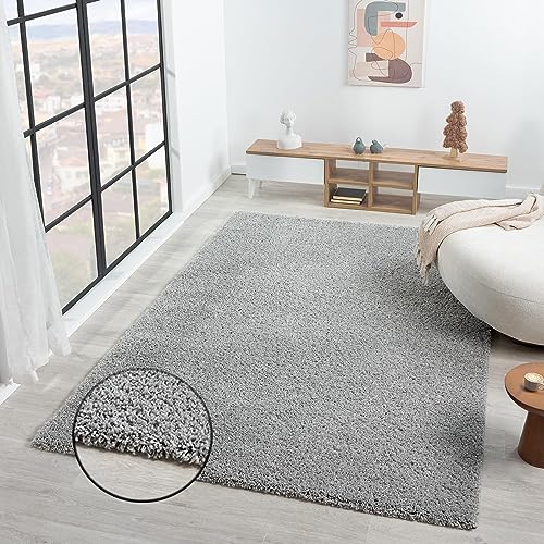 VIMODA Teppich Prime Shaggy Hochflor Einfarbig Grau Weich für Wohnzimmer, Schlafzimmer, küche, Maße:Ø 200 cm Rund von VIMODA