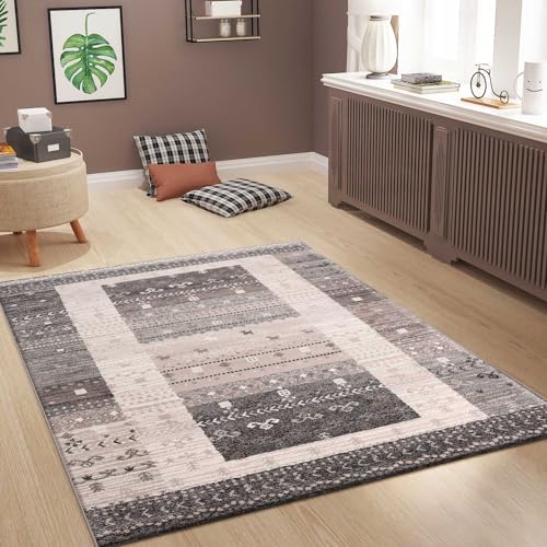 VIMODA Teppich Wohnzimmer Boho Ethno Scandi Modern Marokkanische Muster Grau Beige mit Farbübergang, Maße:120 x 170 cm von VIMODA