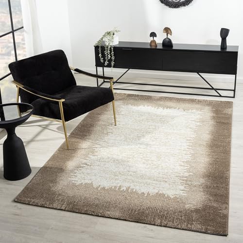 VIMODA Teppich Wohnzimmer kurzflor Muster Kanten Qualität- Soft Grau/Beige für, Schlafzimmer, Farbe:Beige, Maße:80x150 cm von VIMODA