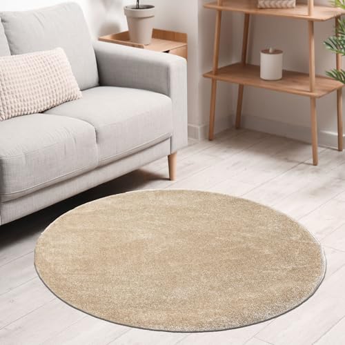 VIMODA Teppich rund Wohnzimmer Kurzflor Einfarbig für Schlafzimmer kinderzimmer weich Rund, Farbe:Beige, Size:160 cm Round von VIMODA