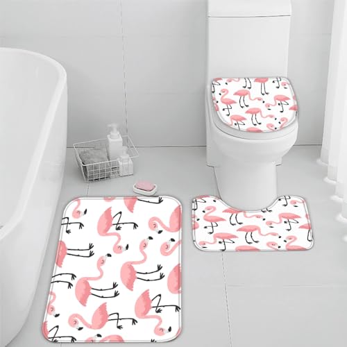 Flamingo Badezimmerteppich Rosa Cartoon Tiere Badematte Rutschfest 3-teiliges Weiche Mikrofaser Badvorleger Schnelltrocknende Absorbierender Badteppich Waschbar Duschvorleger Bath Mat,50 x 80 cm von VIMOOR