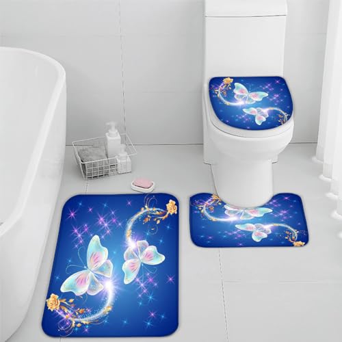 Schmetterling Rose Badezimmerteppich Blau Bunt Badematte Rutschfest 3-teiliges Weiche Mikrofaser Badvorleger Schnelltrocknende Absorbierender Badteppich Waschbar Duschvorleger Bath Mat,50 x 80 cm von VIMOOR