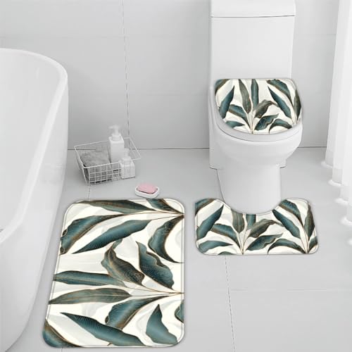 Tropisch Palmblätter Badezimmerteppich Blätter Badematte Rutschfest 3-teiliges Weiche Mikrofaser Badvorleger Schnelltrocknende Absorbierender Badteppich Waschbar Duschvorleger Bath Mat,40 x 60 cm von VIMOOR