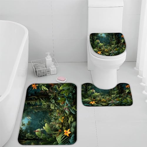 Tropisch Palmblätter Badezimmerteppich Grüne Pflanze Badematte Rutschfest 3-teiliges Weiche Mikrofaser Badvorleger Schnelltrocknende Absorbierender Badteppich Waschbar Duschvorleger Bath Mat,50x80cm von VIMOOR