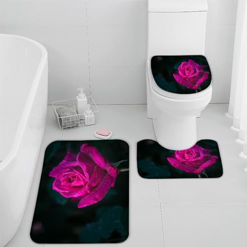 VIMOOR Rose Badezimmerteppich Pink Schwarz Badematte rutschfest 3-teiliges Weiche Mikrofaser Badvorleger Schnelltrocknende Absorbierender Badteppich Waschbar Duschvorleger Bath Mat,50 x 80 cm von VIMOOR