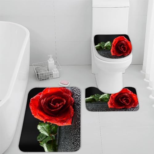 VIMOOR Rose Badezimmerteppich Rote Blume Badematte rutschfest 3-teiliges Weiche Mikrofaser Badvorleger Schnelltrocknende Absorbierender Badteppich Waschbar Duschvorleger Bath Mat,50 x 80 cm von VIMOOR