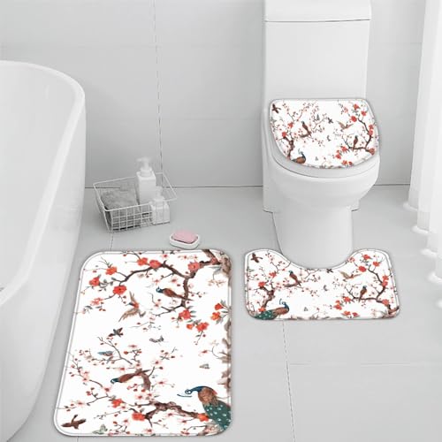 VIMOOR Vögel Blumen Badezimmerteppich Rot-Weiss Badematte rutschfest 3-teiliges Weiche Mikrofaser Badvorleger Schnelltrocknende Absorbierender Badteppich Waschbar Duschvorleger Bath Mat,40 x 60 cm von VIMOOR