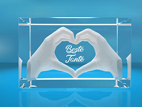 VIP-LASER 3D Glas Kristall mit Gravur I Herz aus zwei Händen I Text: Beste Tante! I Das tolle Geschenk zum Muttertag, Geburtstag oder Weihnachten von VIP-LASER