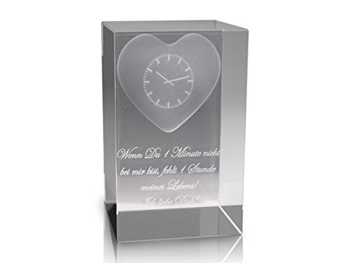 VIP-LASER 3D Glaskristall Quader XL 3D Herz mit Uhr und Text Wenn Du 1 Minute Nicht bei Mir bist, fehlt 1 Stunde meines Lebens! Ich Liebe Dich! graviert von VIP-LASER