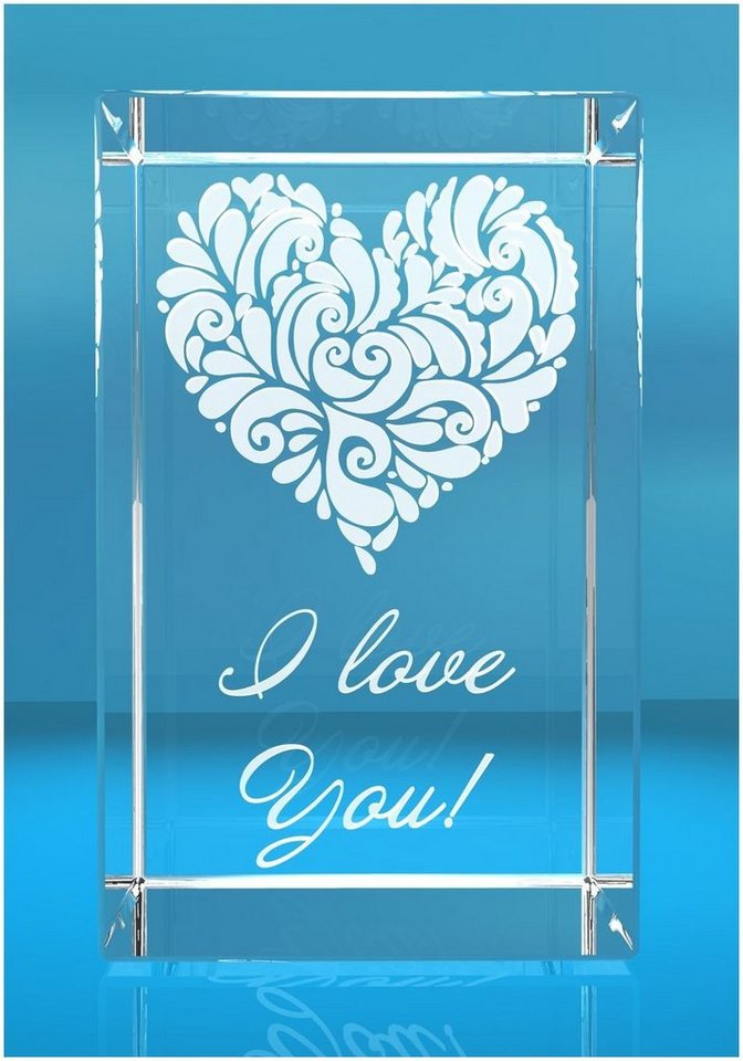 VIP-LASER Dekofigur 3D Glasquader I verziertes Herz I love You!, Hochwertige Geschenkbox, Made in Germany, Familienbetrieb von VIP-LASER