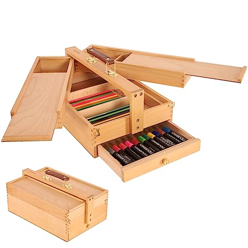 VISWIN Multifunktionale Tragbare Künstler-Aufbewahrungsbox aus Massivem Buchenholz mit Schublade, Dreischichtige Aufbewahrungsbox für Künstlerbedarf für Pinsel, Stift, Pastell, Malutensilien von VISWIN
