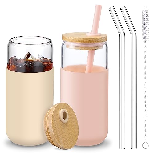 VITEVER Glasbecher mit Bambusdeckel und Strohhalmen – Bierdosenförmige Trinkgläser mit Silikon-Schutzhülle-Set, Eiskaffee-Gläser, niedlicher Becher für Wasser, Tee, Geschenk – Rosa, Bernstein von VITEVER