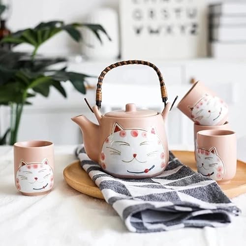 VOCOP Teekanne aus Keramik, mit niedlichem Katzen-Design, 4 Tassen und 1 Teekanne, Rosa von VOCOP