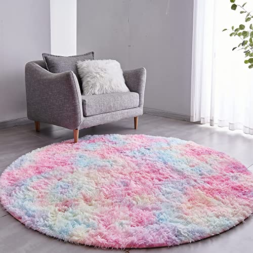 VOFUSHON Teppich Rund Hochflor Teppich Wohnzimmer Teppich Langflor Teppiche für Wohnzimmer flauschig Shaggy Schlafzimmer Bettvorleger Outdoor Carpet(Ø 150 cm Rund,Regenbogen) von VOFUSHON