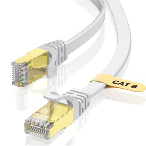 VOIETOLT Cat8 Lan Kabel 10M mit Clips, 40Gbps/2000MHz Flach Schirmung Hochgeschwindigkeit Netzwerkkabel, STP RJ45 Gigabit Cat-8 Ethernet Kabel für PS4/5, für Modem, für Router (weiß) von VOIETOLT