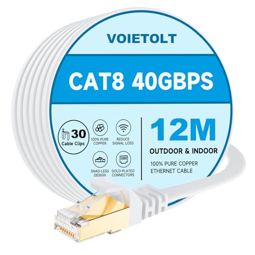 VOIETOLT Cat8 Lan Kabel 12M mit Clips, 40Gbps/2000MHz Flach Schirmung Hochgeschwindigkeit Netzwerkkabel, STP RJ45 Gigabit Cat-8 Ethernet Kabel für PS4/5, Xbox, Modem, Router (weiß) von VOIETOLT