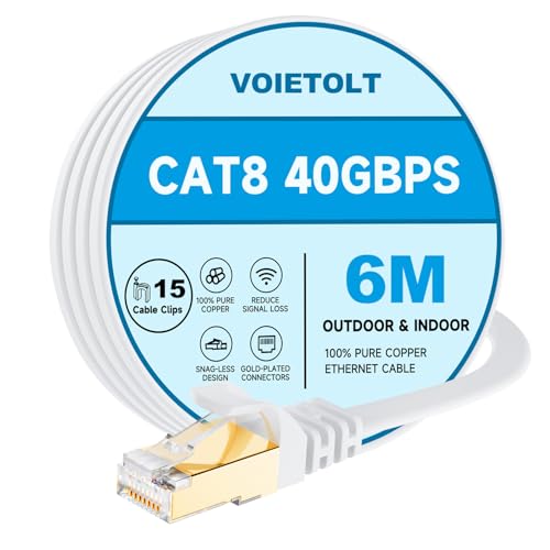 VOIETOLT Cat8 Lan Kabel 6M mit Clips, 40Gbps/2000MHz Flach Schirmung Hochgeschwindigkeit Netzwerkkabel, STP RJ45 Gigabit Cat-8 Ethernet Kabel für PS4/5, Xbox, Modem, Router (weiß) von VOIETOLT