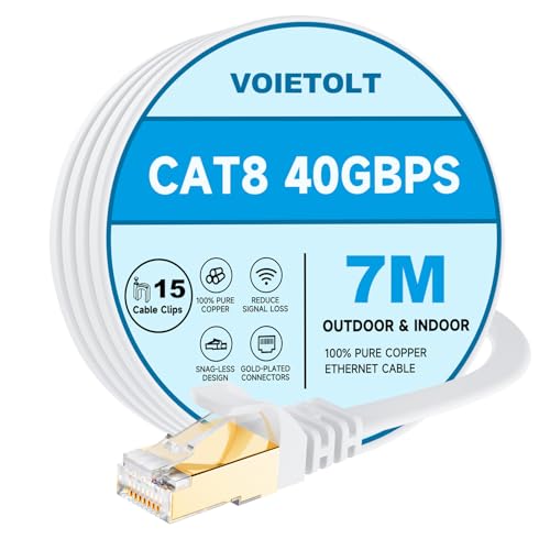 VOIETOLT Cat8 Lan Kabel 7M mit Clips, 40Gbps/2000MHz Flach Schirmung Hochgeschwindigkeit Netzwerkkabel, STP RJ45 Gigabit Cat-8 Ethernet Kabel für PS4/5, für Modem, für Router (weiß) von VOIETOLT