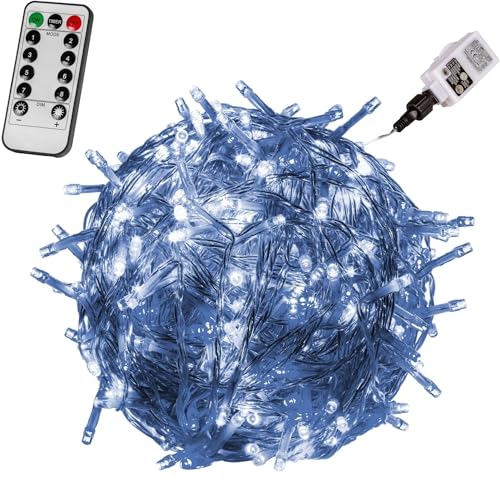 VOLTRONIC LED Lichterkette, IP44, Modell- und Farbwahl, 100 LEDs, Transparentes Kabel, kaltweiß, Fernbedienung von VOLTRONIC