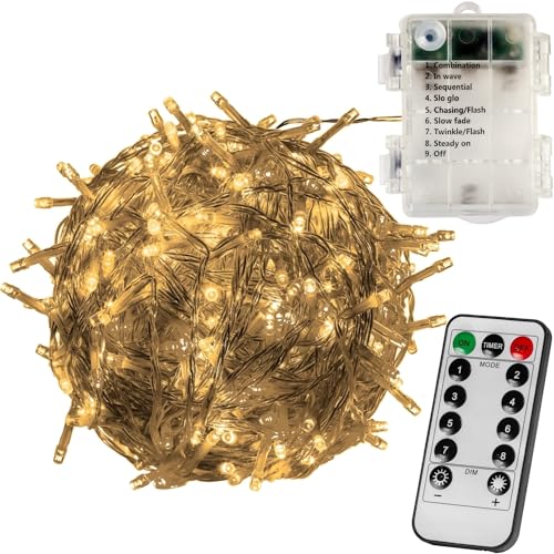 VOLTRONIC LED Lichterkette, IP44, Batteriebetrieben, Modell- und Farbwahl, 100 LEDs, Transparentes Kabel, warmweiß, Fernbedienung von VOLTRONIC