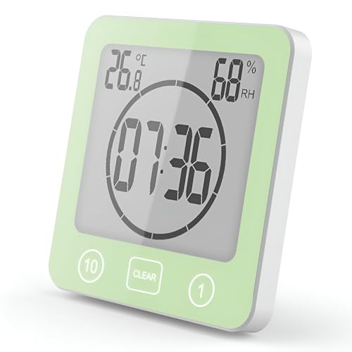 VORRINC Bad Uhr Badezimmeruhr Wasserdicht, Uhr Badezimmer, Shower Clock Dusche Uhr mit Saugnapf, Luftfeuchtigkeit Temperatur Digitaluhr, AM/PM oder 24 Stunden Format, Touch Control Timer Alarm (Grün) von VORRINC