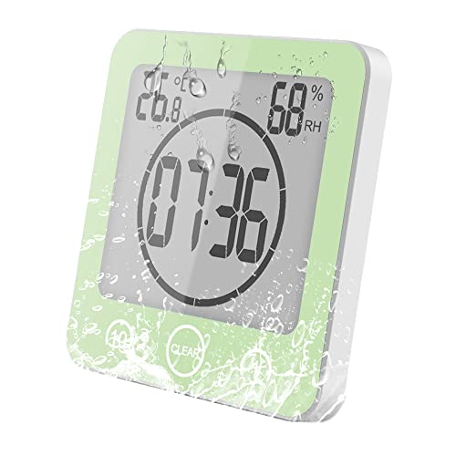 VORRINC Uhr Badezimmer, Bad Uhr Wasserdicht Berührungssteuerung ℃ / ℉ Luftfeuchtigkeit Temperatur LCD Display, Badezimmeruhr mit saugnapf, Countdown Timer, für Dusche Küche (Grün) von VORRINC