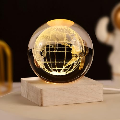 VOSSOT 3D Planet kristallkugel nachtlicht, USB 6cm Saturn Kristallkugel Lampe, Nachtlicht Glas Planeten Lampe mit LED Bunte Nachtlicht Basis für Schreibtisch Dekoration Urlaubsgeschenke (die Erde) von VOSSOT