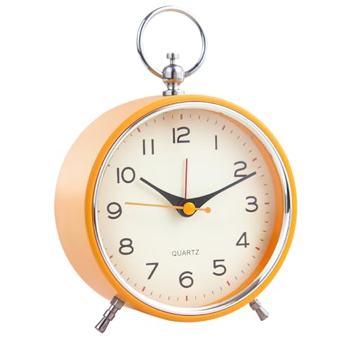 VOSSOT Wecker Analog Ohne Ticken Runde Retro Uhr Schlafzimmer mit Nachtlicht Snooze 4.3'' Aesthetic Alarm Clock Batteriebetriebene Vintage Wecker Lautlos Kinderwecker Leise für Kinder Orange von VOSSOT