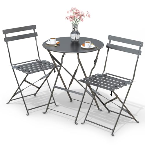 VOUNOT Bistroset 3-teilig, Klappbar Bistrotisch mit 2 Stühlen, Gartenmöbel Set Balkonset Gartengarnitur, Sitzgruppe Metall, Bistro Set Outdoor, Grau VOUNOT Bistroset 3-teilig, Klappbar Bistrotisch mit 2 Stühlen, Gartenmöbel Set Balkonset Gartengarnitur, Sitzgruppe Metall, Bistro Set Outdoor, Grau von VOUNOT