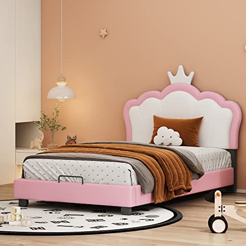 VSOGA Kinderbett Polsterbett 90x200 cm mit Lattenrosten und Rückenlehne, Mädchenbett mit Kronenformung, Rosa (Matratze Nicht enthalten) von VSOGA