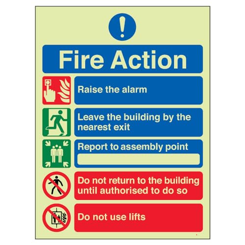 VSafety im Dunkeln leuchtendes englisches Schild „Fire Action“ mit 5 Mitteilungen, 150 x 200 mm, Starrer Kunststoff von VSafety