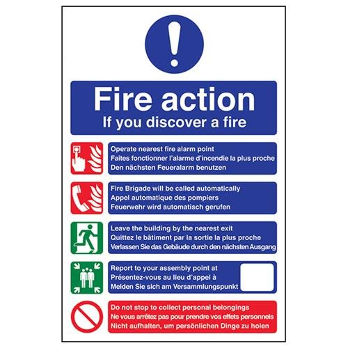 VSafety Multi-Lingual Fire Action 5 Punkte Schild, Hochformat, 200 x 300 mm, 1 mm starrer Kunststoff von VSafety