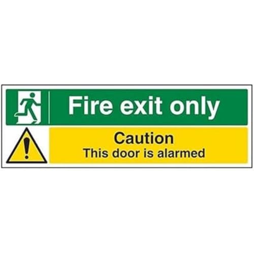 vsafety 14013bj-s Fire Exit Schild, Fire Exit//NUR Tür beunruhigt, selbstklebend, Landschaft, 450 mm x 150 mm, schwarz/grün/gelb von VSafety