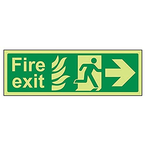 VSafety englisches Schild „Fire Exit“, leuchtet im Dunkeln, 300 x 100 mm, Pfeil rechts, fester Kunststoff von VSafety