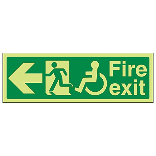 VSafety Glow In The Dark Wheel Chair Fire Exit With Text Arrow Left Schild - 300 mm x 100 mm - Robuster Kunststoff von V Safety