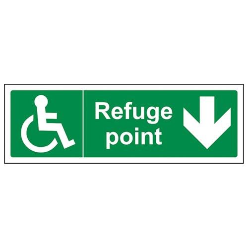 VSafety Refuge Point Arrow Down Schild – Querformat, 300 mm x 100 mm, 1 mm starrer Kunststoff von V Safety