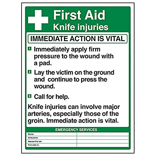 vsafety 31032bc-r "Erste Hilfe Messer Verletzungen Poster" Erste Hilfe Allgemeine-Zeichen, starrer Kunststoff, Porträt, 300 mm x 400 mm, schwarz/grün von VSafety