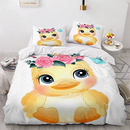 VULORA Enten Blumen Kinderbettwäsche 135x200 Kawaii Tier 3D Druck Bettwäsche-Sets 3Teilig für Jungen Mädchen Teenager Weich Mikrofaser Bettbezug mit Reißverschluss und 2 Kissenbezüge 80x80cm von VULORA