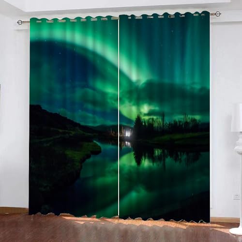 VULORA Nordlichter Vorhänge 3D Blickdichte Gardinen Aurora Natur Verdunkelungsvorhang mit Ösen für Jungen Mädchen Schlafzimmer Wohnzimmer Thermo Kälteschutz Vorhänge 140x160cm(BxH), 2er Set von VULORA